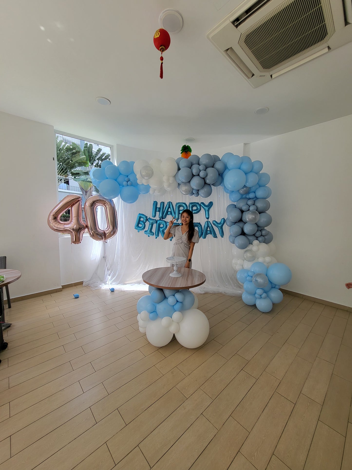 Organic Blue Balloon Garland White Curtain Backdrop