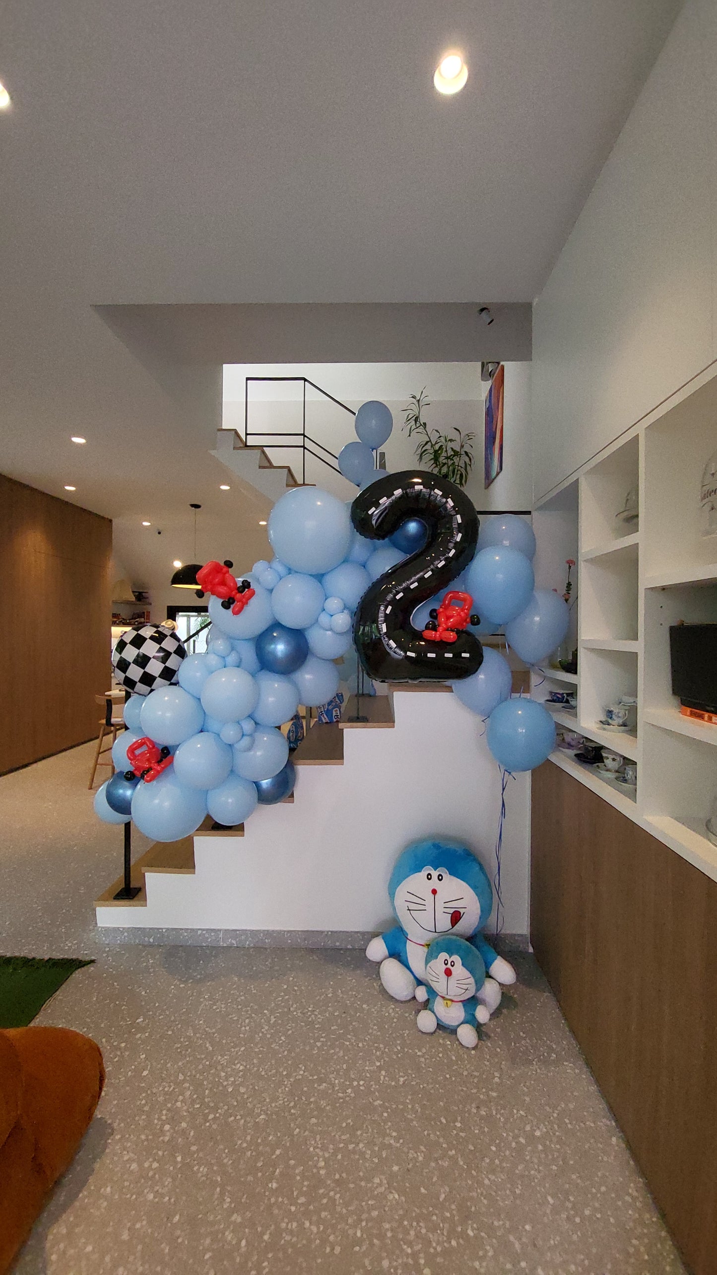 Doraemon Themed Organic Balloon Garland White Curtain Backdrop