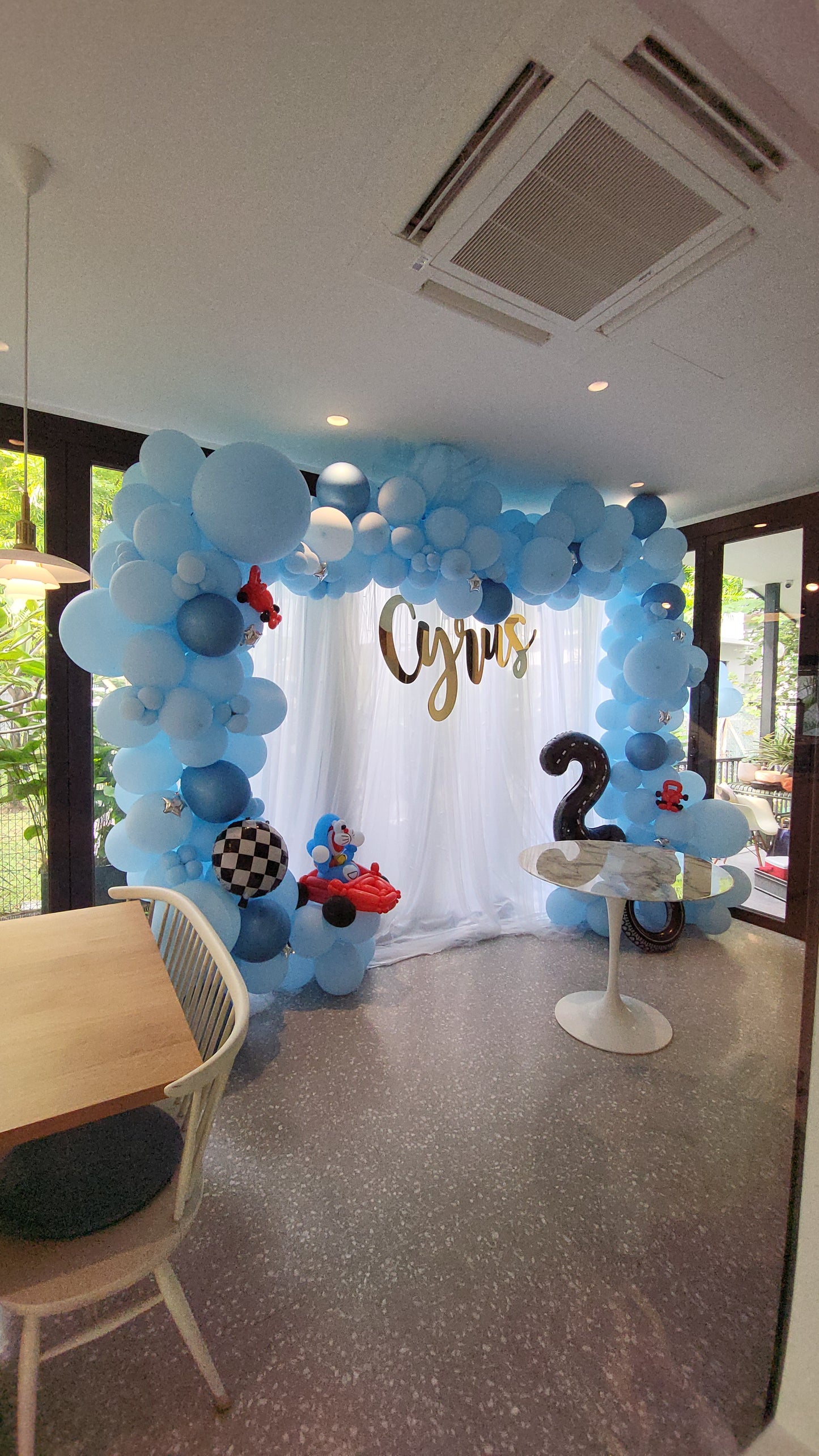 Doraemon Themed Organic Balloon Garland White Curtain Backdrop