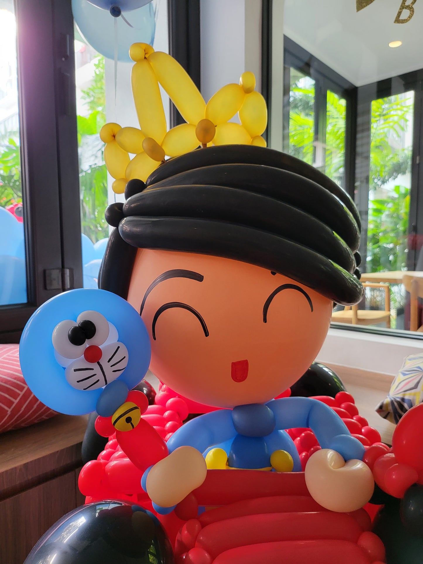 Doraemon Themed Organic Balloon Garland White Curtain Backdrop