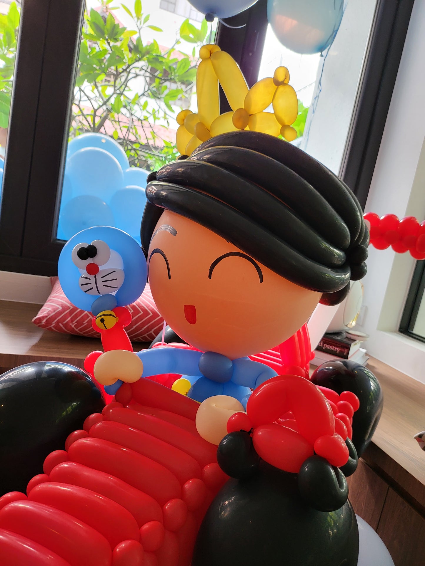 Doraemon Themed Organic Balloon Garland White Curtain Backdrop