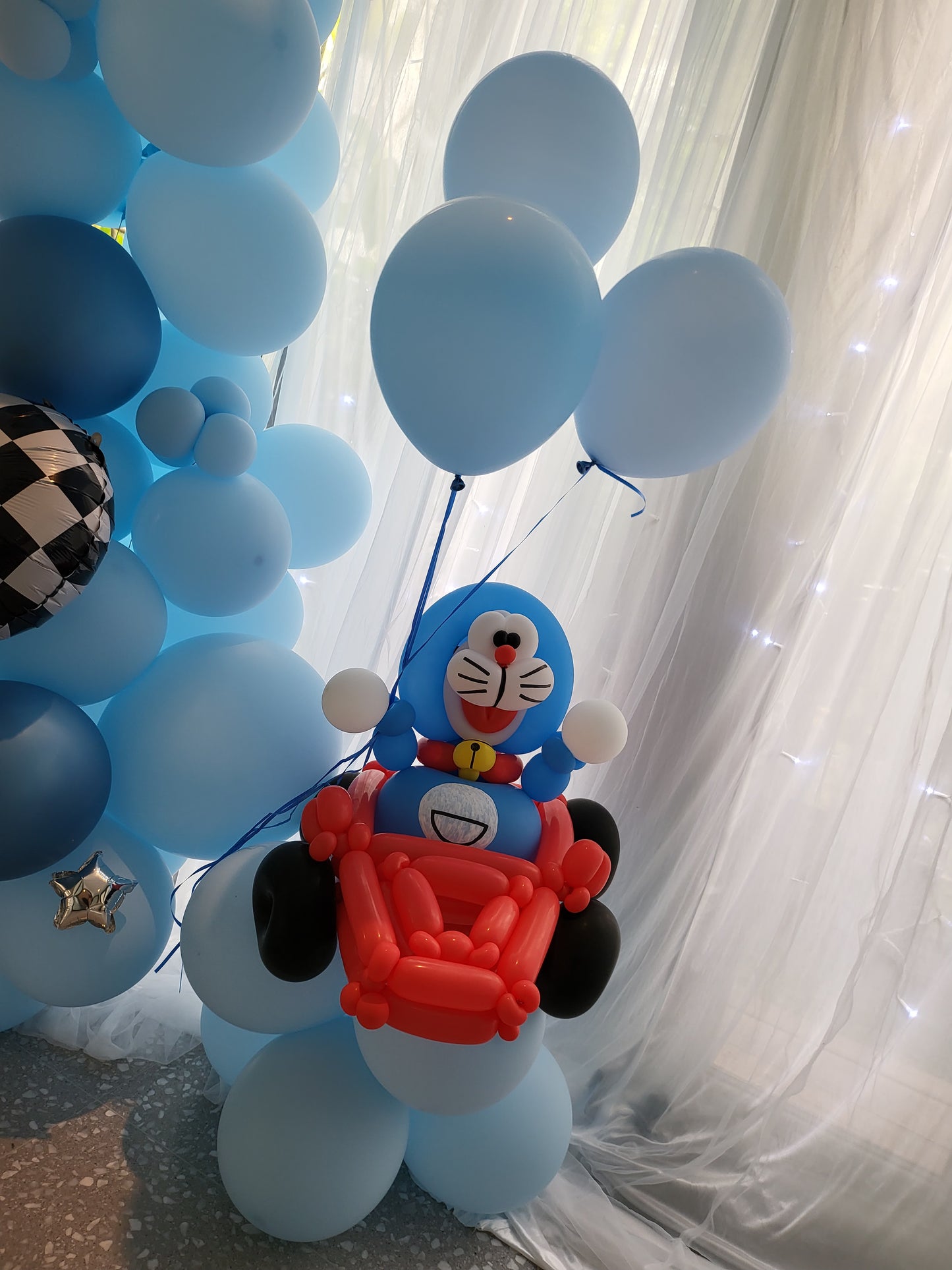 Doraemon Themed Organic Balloon Garland White Curtain Backdrop