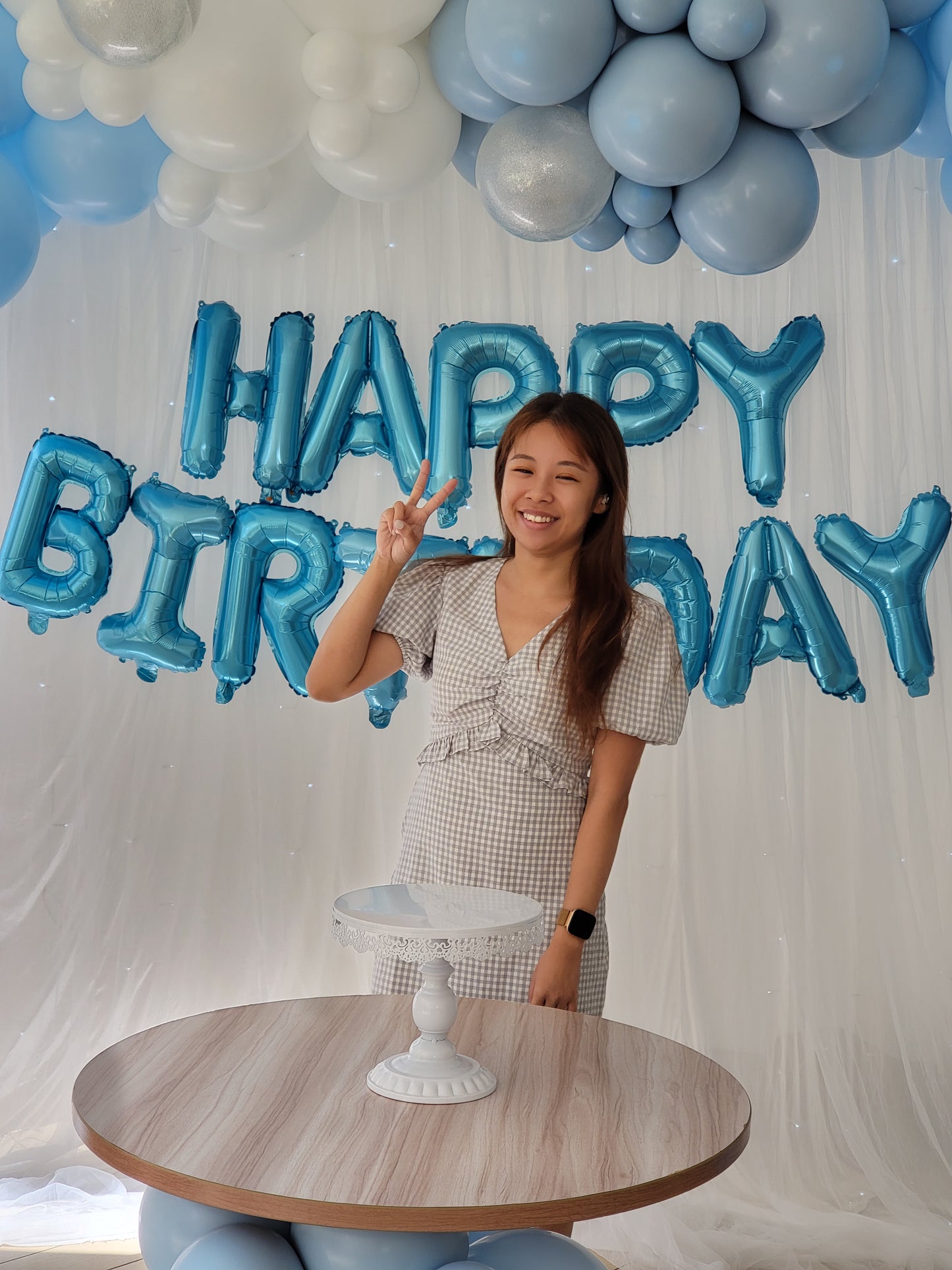 Organic Blue Balloon Garland White Curtain Backdrop