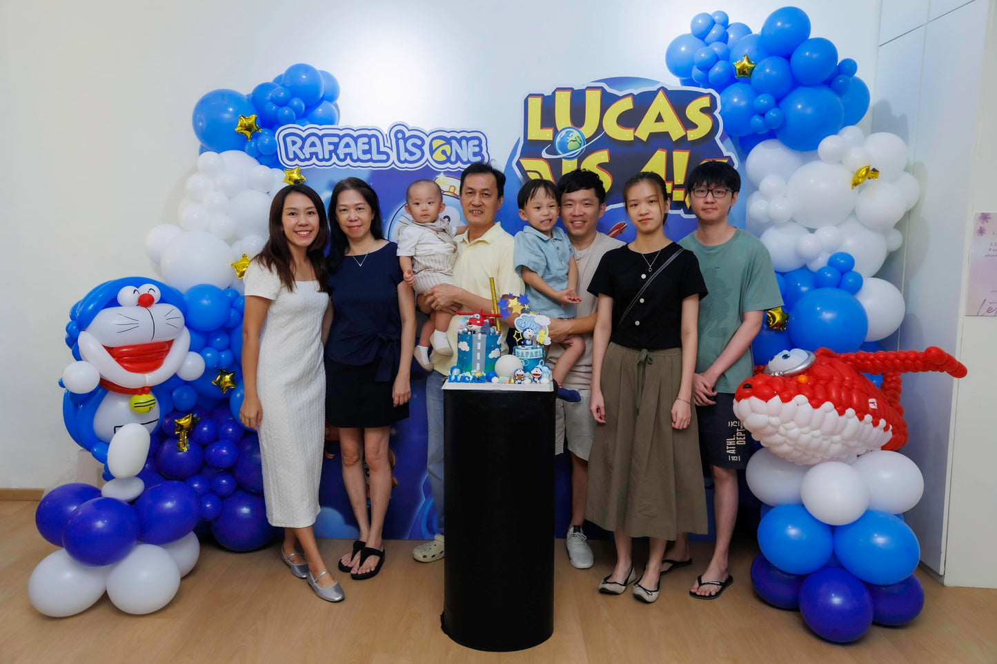 Doraemon and Super WIng Fusion Themed balloon backdrop for birthday party