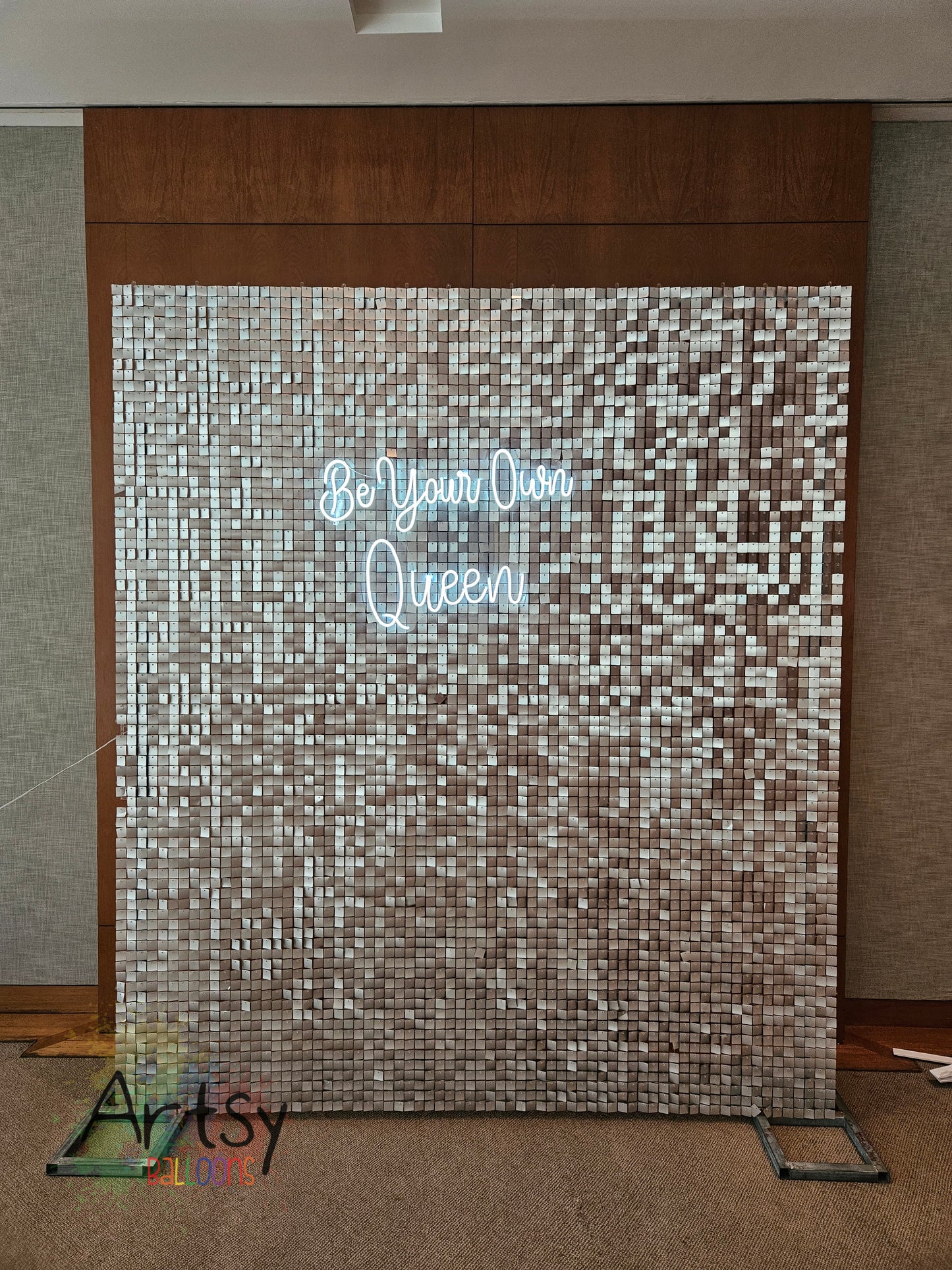 Silver Shimmer Backdrop with Organic Balloon Garland, Plinth Table, LED Signage