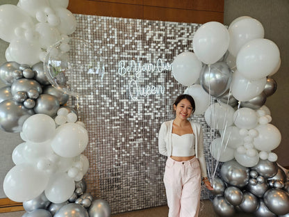 Be Your Own Queen silver shimmer backdrop 3m with white and silver balloon garland and neon sign, Singapore