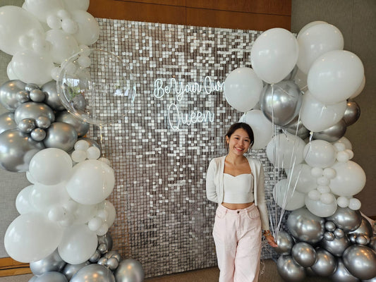 Be Your Own Queen silver shimmer backdrop 3m with white and silver balloon garland and neon sign, Singapore