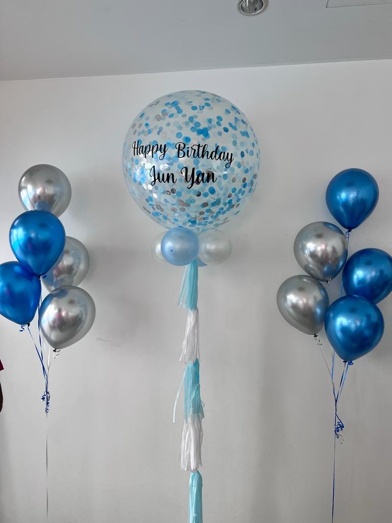 Jumbo 36 inch blue confetti helium balloon with custom wording