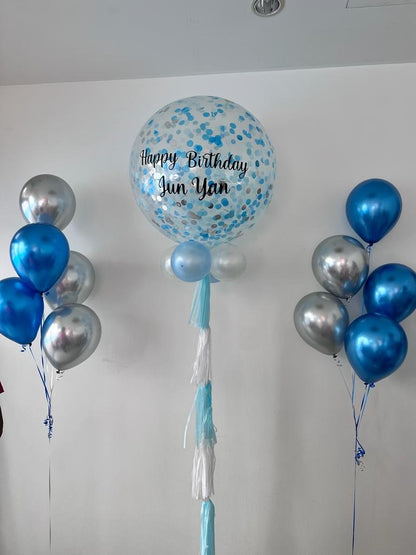 Jumbo 36 inch blue confetti helium balloon with custom wording