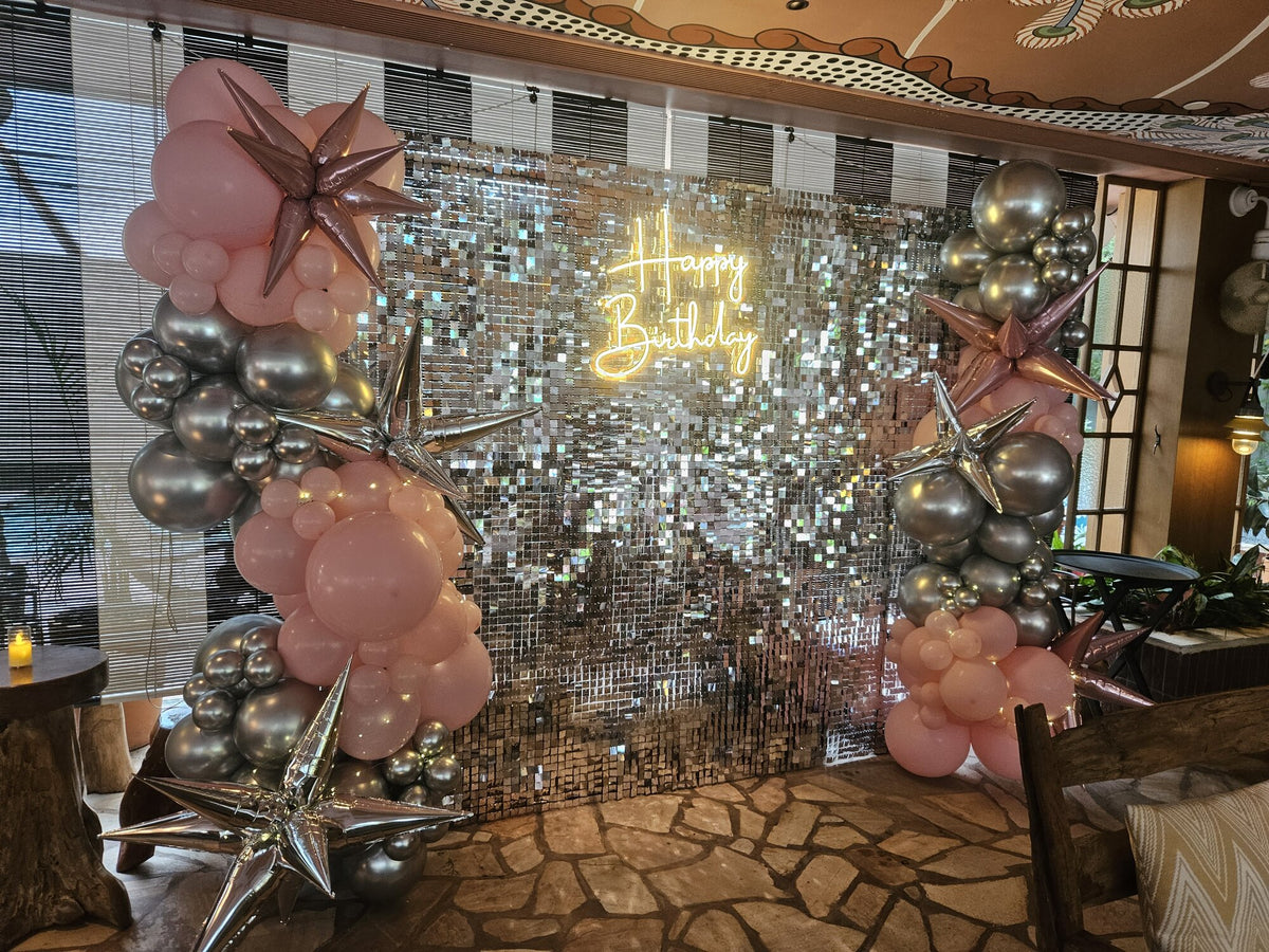 Happy birthday silver shimmer backdrop 3m with pink and silver balloons, Singapore