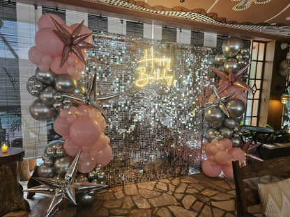 Happy birthday silver shimmer backdrop 3m with pink and silver balloons, Singapore