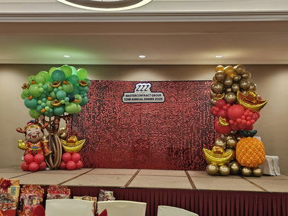 Mastercontract Group corporate event red shimmer backdrop 4m with balloon garland, Singapore