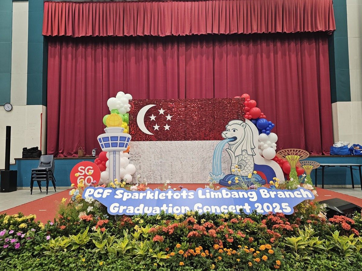 SG60 graduation silver shimmer backdrop 4m with balloon garland, Singapore