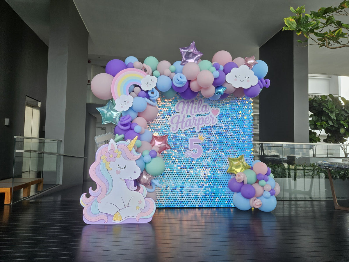 Unicorn 5th birthday shimmer balloon backdrop, Singapore