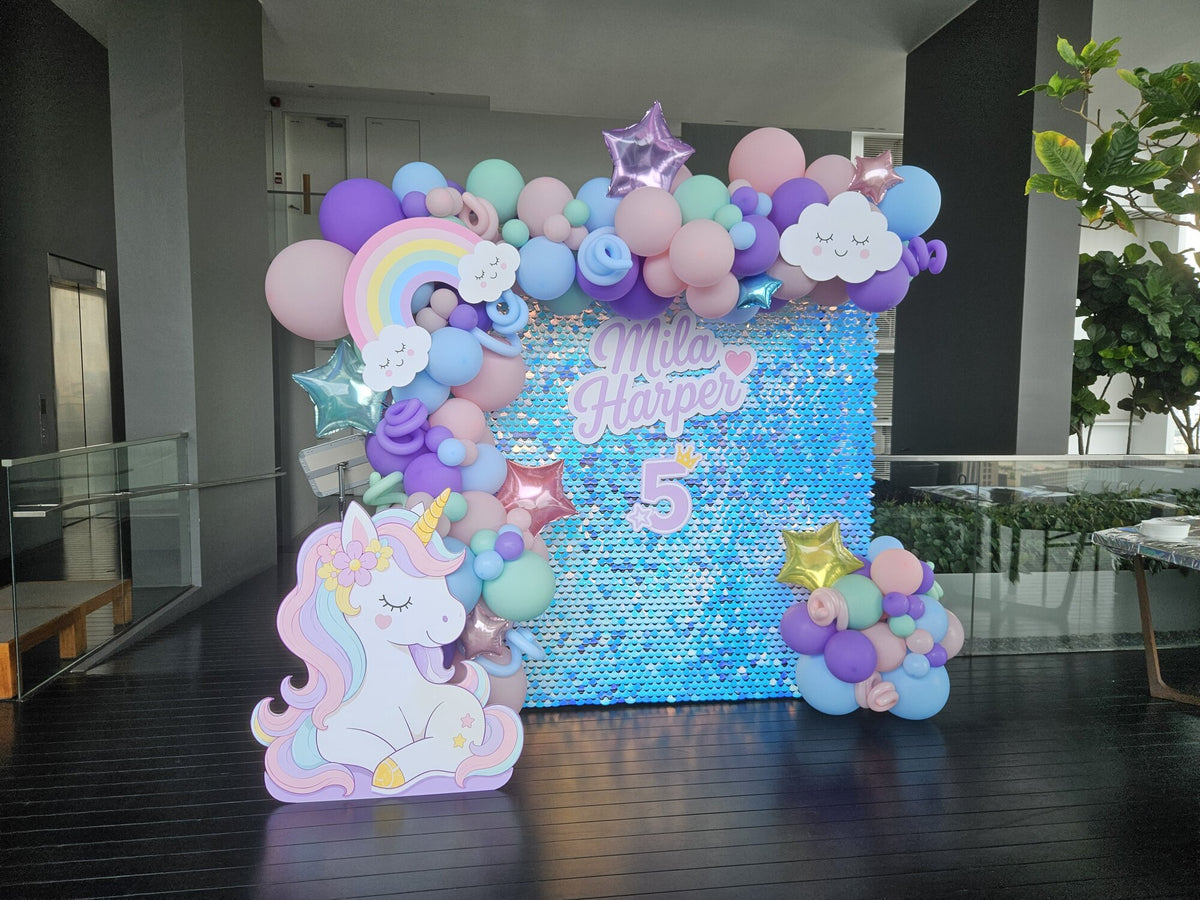 Unicorn 5th birthday shimmer backdrop 2.1m x 2.1m with pastel balloon garland, Singapore